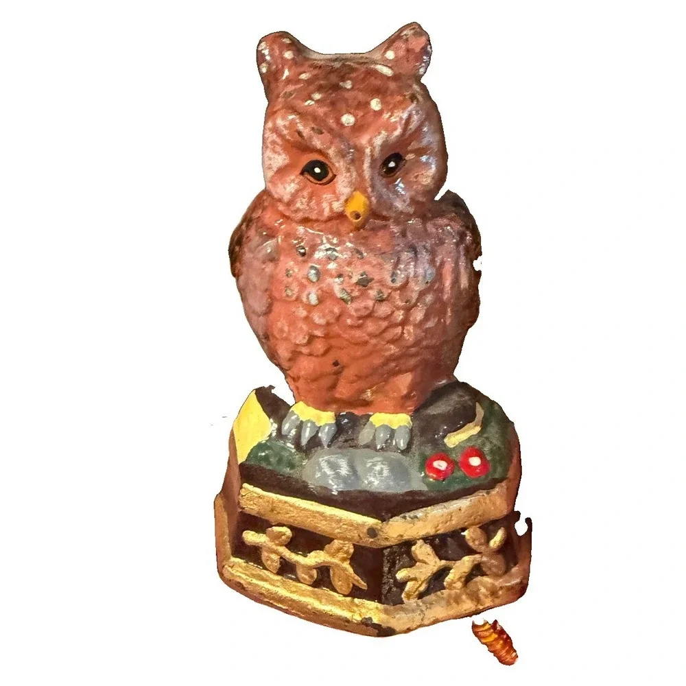 Vintage Cast Iron Owl Doorstop Paperweight Hand Painted Brown Decorative Figure